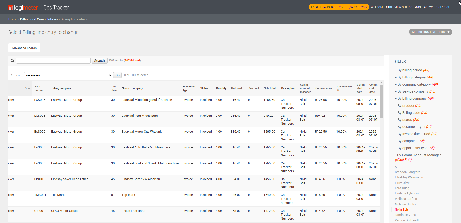 Logimeter Django Billing line entry admin page